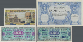 France: Lot with 8 banknotes 100 Francs 1931 (P.78b, F- with repaired part at upper left), 500 Francs 1932 and 1938 (P.66, 88, F- with pinholes and te...