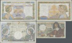 France: Banque de France: Lot 9 notes containing 1000 Francs 1941 (P.95, 5x), 100 Francs 1941 (P.96, 1x 45mm tear) and 100 Francs 1942 ”Descartes”, (P...