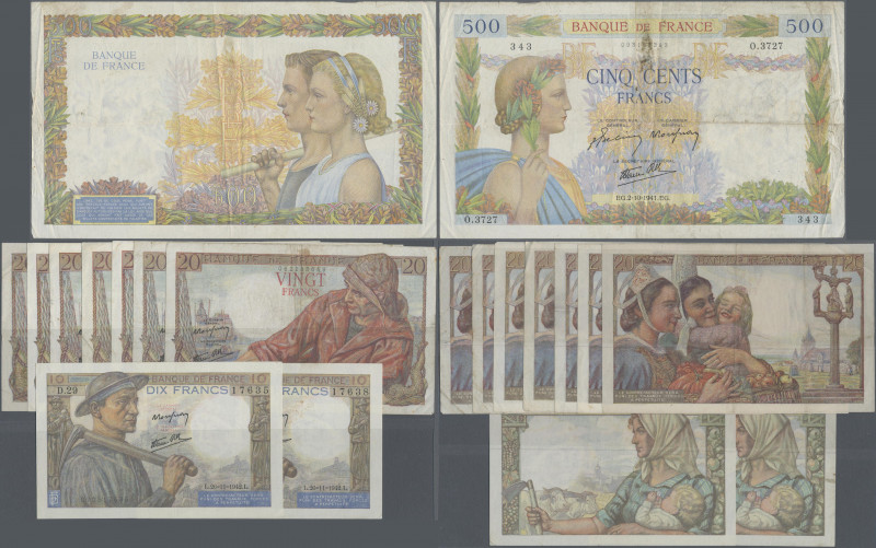 France: nice lot with 11 banknotes containing 2 x 500 Francs 28-8-1941 + 2-10-19...