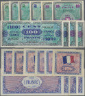 France: Allied Forces, series 1944, lot with 10 banknotes, comprising 3x 2 Francs (P.114a,b, XF to aUNC), 5 Francs (P.115a, VF), 2x 10 Francs (P.116, ...
