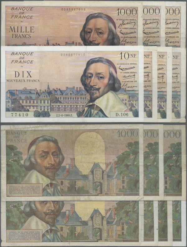 France: set of 7 banknotes containing 3x 1000 Francs 1954/55/56 P. 134 (F, press...