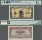 French West Africa: Banque de l'Afrique Occidentale 5 Francs 1942 with serial number, double Block letter and narrow open ”V” in signature at left, na...