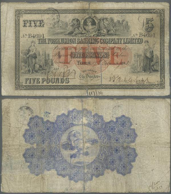 Great Britain: The York Union Banking Company Ltd. 5 Pounds 1898, old used note ...