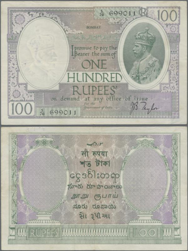 India: 100 Rupees 1930 P. 10b issued in BOMBAY, used with light vertical and hor...