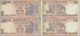 India: Reserve Bank of India, set with 10 banknotes 10 Rupees 2013, plate letter ”A”, signature: Subbarao, P.102i, solid serial number set from 33G 00...