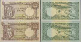 Indonesia: Bank Indonesia pair of the 500 Rupiah ND(1957), P.52, both in still nice condition with tiny repairs and some folds, obviously washed and p...