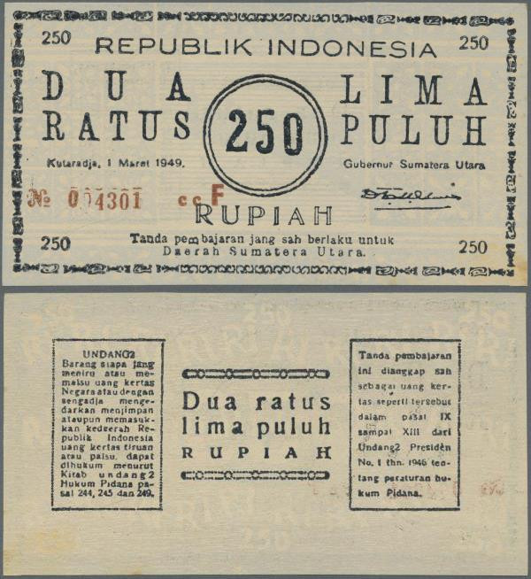 Indonesia: rarely offered note of 250 Rupiah 1949 P. S286, in problem-free, abso...