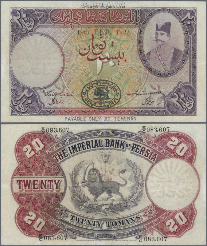 Iran: Imperial Bank of Persia 20 Tomans dated 19th FEB 1925, with additional ove...