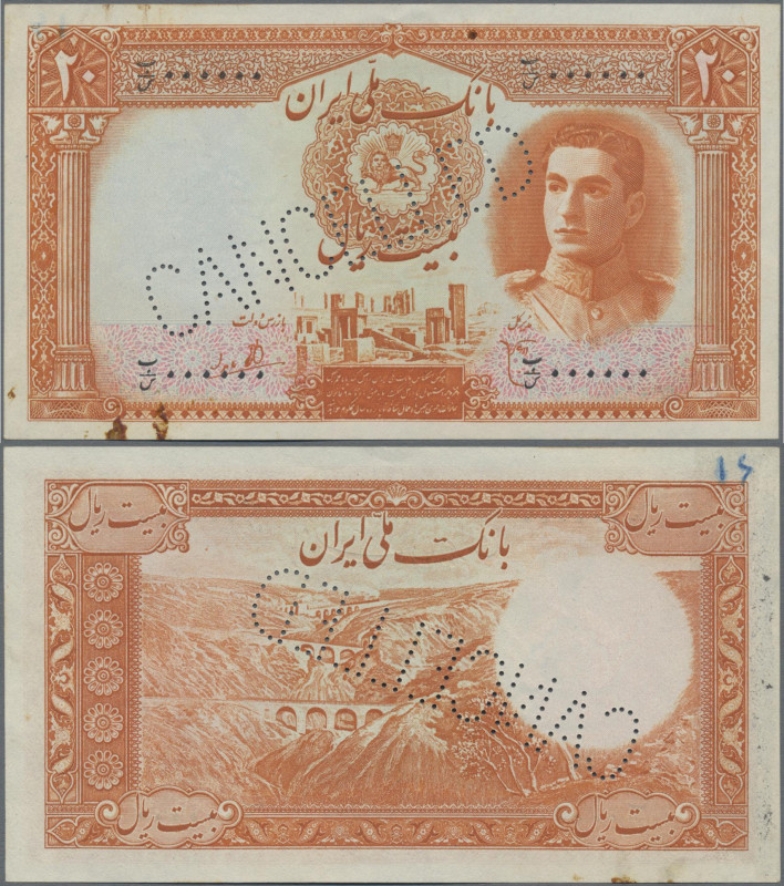 Iran: Bank Melli Iran, 20 Rials ND (1944), P.41s, Specimen with perforation ”Can...