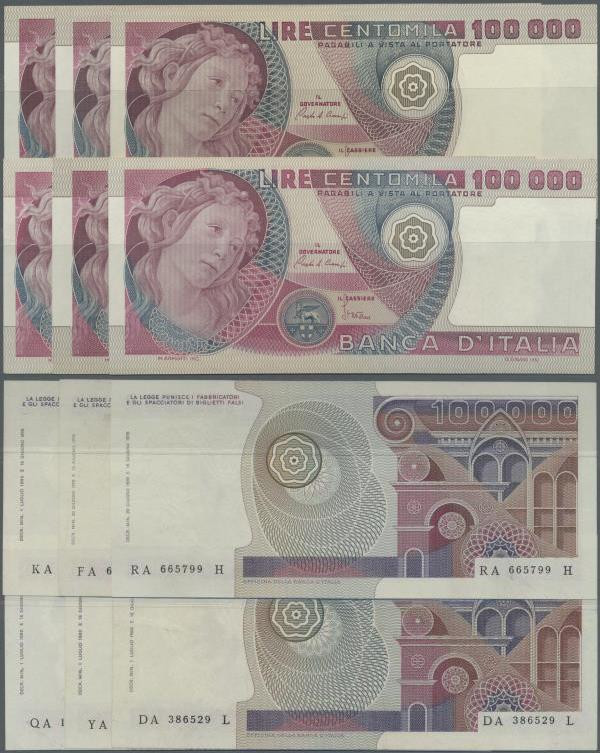 Italy: set of 6 notes 100.000 Lire 1978-82 P. 108, all notes in similar conditio...