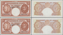 Jamaica: Government of Jamaica pair of 5 Shillings 1958 with running serial numbers 38E21341 and 38E21342, P.37b, both in aUNC/UNC condition with tiny...