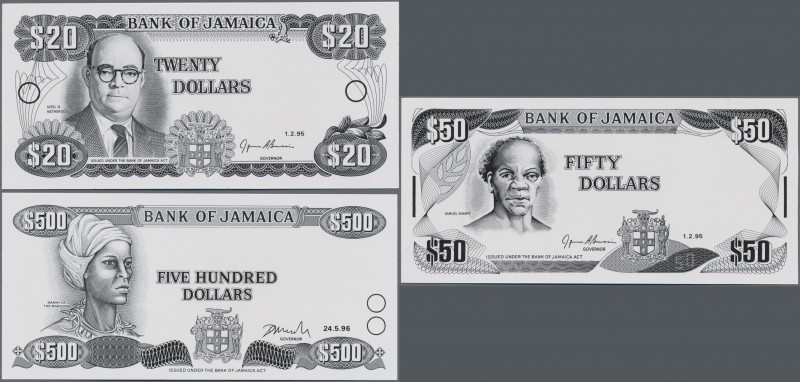 Jamaica: Bank of Jamaica set with 3 photo proofs 20, 50 and 500 Dollars 1995/96,...