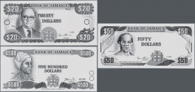 Jamaica: Bank of Jamaica set with 3 photo proofs 20, 50 and 500 Dollars 1995/96, P.72, 73, 77 for type in black / white in UNC condition. (3 pcs.)
 [...