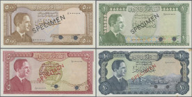 Jordan: Central Bank of Jordan set with 500 Fils, 1, 5 and 10 Dinars L.1959 (1965) SPECIMEN with cancellatin holes, P.9s-12s, 5 + 10 Dinars with bowni...
