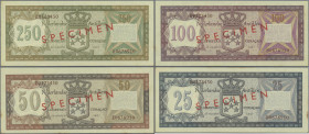 Netherlands Antilles: Bank van de Nederlandse Antillen, set with 25, 50, 100 and 250 Gulden 28.8.1967 SPECIMEN, P10s-P13s with some brownish stains on...
