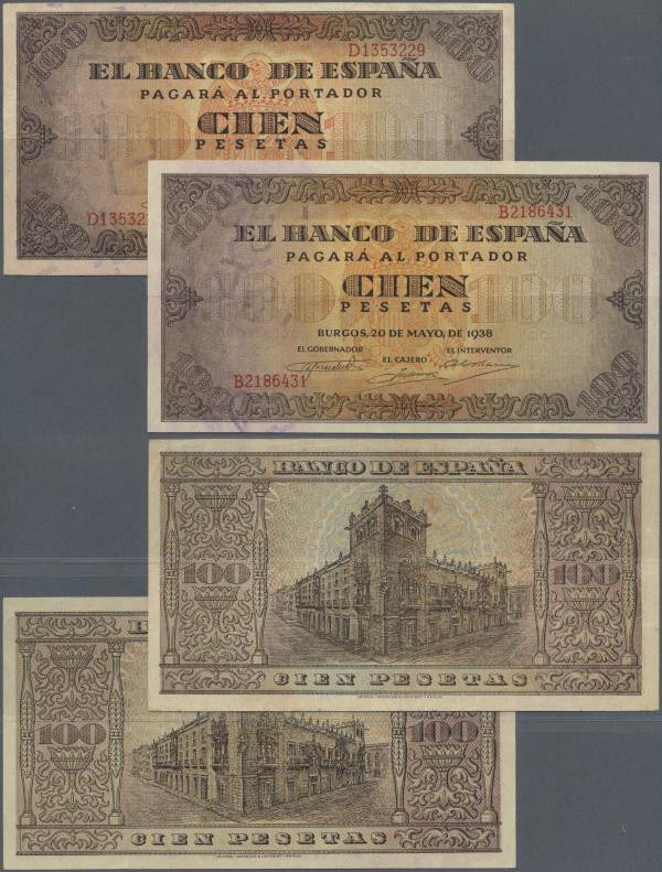 Spain: set of 2 notes 100 Pesetas 1938 P. 113, both used with light folds in pap...