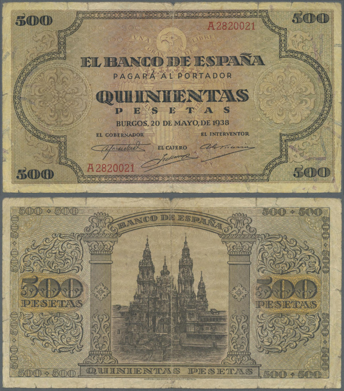 Spain: 500 Pesetas 1938 P. 114a, stronger used with strong center fold, 2 other ...