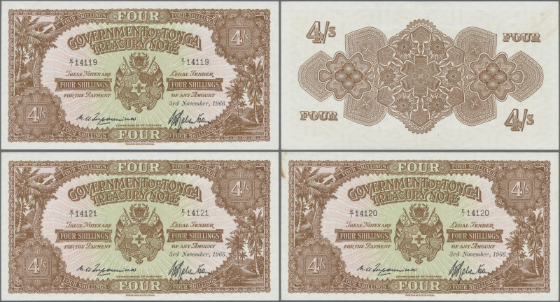 Tonga: Government of Tonga, set with 3 consecutive numbered banknotes 4 Shilling...