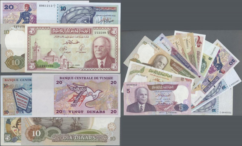 Tunisia: set of 15 banknotes containing 5 Dinars 1993, 3x 10 Dinars 1994, 2x 20 ...