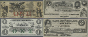 United States of America: Lot with 6 banknotes Obsolete Currency with The Cochituate Bank 1 Dollar 1830 (F), The Somerset and Worcester Bank 1 and 2 D...