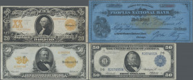 United States of America: Very nice lot with 5 banknotes and 1 check, comprising for the United States Treasury Gold Certificates 20 Dollars 1906 (P.2...