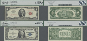 United States of America: Pair with 1 Dollar Silver Certificate 1957 series (P.419, Fr.1619, Legacy graded 64 Very Choice New PPQ) and 2 Dollars Legal...