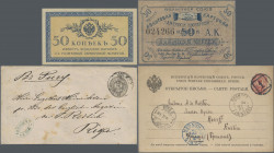 Russia: Album with 157 miscellaneous items from Russia, comprising some banknotes, stamps and covers, for example uncut sheet with 4 pcs. 1 Kopek P.32...