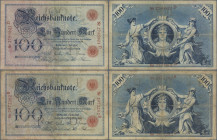Deutschland - Deutsches Reich bis 1945: 2x 100 Mark 1898 mit Udr.-Bst. B und D, Ro.17, in gebrauchter bis stark gebrauchter Erhaltung: F-, F. (2 Stück...