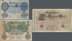 Deutschland - Deutsches Reich bis 1945: Kleines Lot mit 5 Banknoten der Serie 1906, dabei 2x 20 Mark (Ro.24a,b, VF-gelocht am linken Rand, F), 2x 50 M...