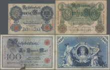 Deutschland - Deutsches Reich bis 1945: Lot mit 3 Banknoten der Serie 1907, dabei 20 Mark (Ro.28, F+), 50 Mark (Ro.29, F mit Kleberesten auf der Rücks...