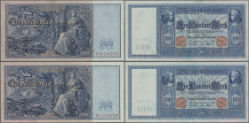 Deutschland - Deutsches Reich bis 1945: 100 Mark 1908, langer Hunderter, Ro. 35, Lot 2 Stück, fortlaufend nummeriert, beide leicht wellig, 1 x UNC und...