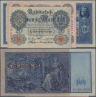 Deutschland - Deutsches Reich bis 1945: Lot mit 4 Banknoten der Serie 1910, dabei 20 Mark mit Udr.-Bst. E und Serie K (Ro.41, XF+/aUNC), 50 Mark (Ro.4...