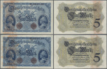 Deutschland - Deutsches Reich bis 1945: Darlehenskassenscheine 2x 5 Mark 1914, beide mit 6- stelliger KN, Ro.48a, beide in kassenfrischer Erhaltung: U...