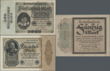 Deutschland - Deutsches Reich bis 1945: Kleines Lot mit 7 Banknoten, dabei 2x 50 Mark 1918 (Trauerschein) Ro.56a (F, VF), 2x 1000 Mark 1922 Ro.81bb mi...