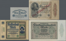 Deutschland - Deutsches Reich bis 1945: Lot mit 8 Banknoten, dabei 50 Mark 1918 ”Trauerschein” Ro.56d (aUNC), 1 Mark 1922 Ro.73b (UNC), 5000 MArk 1922...