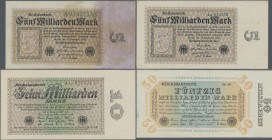 Deutschland - Deutsches Reich bis 1945: Lot mit 5 Banknoten, dabei 3x 5 Milliarden Mark 1923 Ro.112a,b,c (XF mit Flecken, F+, aUNC), 10 Milliarden Mar...