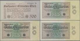 Deutschland - Deutsches Reich bis 1945: Lot mit 5 Banknoten, dabei 3x 10 Milliarden Mark 1923 Ro.113a (F+/VF), Ro.113b (XF+), Ro.113c (F) und 2x 500 M...