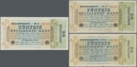 Deutschland - Deutsches Reich bis 1945: Kleines Lot mit 3 Banknoten zu 50 Milliarden Mark 1923, Ro.117b, einmal mit Abklatsch des Unterdrucks der Vord...