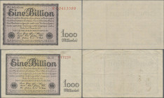 Deutschland - Deutsches Reich bis 1945: Zweimal 1 Billion Mark 1923, Ro.131, dabei einmal Reichsdruck, Serie ”F” und 8-stelliger KN (Ro.131a, VF+/XF) ...