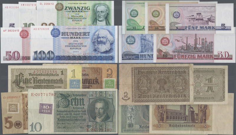 Deutschland - DDR: Kleines Lot mit 9 Banknoten, dabei: Kuponausgaben 1 - 10 Mark...