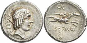 Lucius Calpurnius Piso Frugi (90 v.Chr.): Denar, Rom. Lorbeerkopf des Apollon nach rechts, links vom Kopf Kontrollmarke IIII XXXX / Reiter nach rechts...