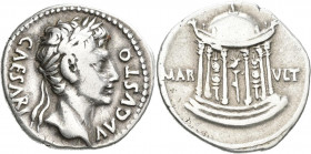 Augustus (27 v.Chr. - 14 n.Chr.): Denar, Colonia Patricia (Cordoba / Spanien). Kopf mit Lorbeerkranz nach rechts, CAESARI AVGVSTO / 6-Säuliger Tempel ...