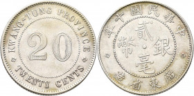 China: Provinz Kwang-Tung, 20 Cents Jahr 10 (1921), KM# Y 423, feine Patina, fast vorzüglich
 [differenzbesteuert]