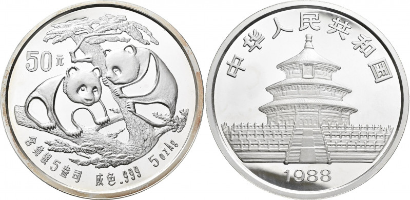 China - Volksrepublik: 50 Yuan 1988, Silber Panda, 5 OZ (155,5 g 999/1000 Silber...