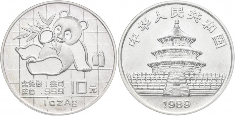 China - Volksrepublik: 10 Yuan 1989, China Panda 1 OZ Silber. KM# A221. noch in ...