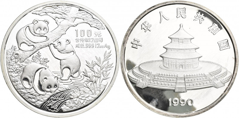 China - Volksrepublik: 100 Yuan 1990, Silber Panda, 12 OZ (373,25 g 999/1000 Sil...