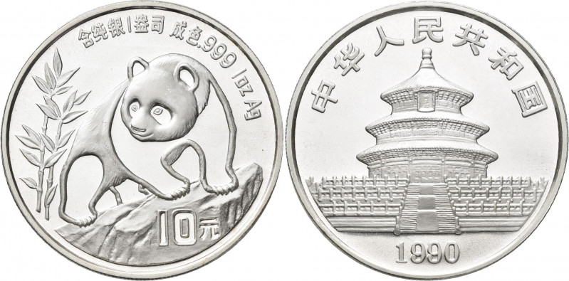 China - Volksrepublik: 10 Yuan 1990, China Panda 1 OZ Silber. KM# 276, feinster ...