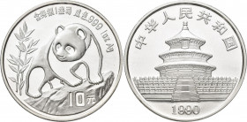 China - Volksrepublik: 10 Yuan 1990, China Panda 1 OZ Silber. KM# 276, feinster Stempelglanz.
 [differenzbesteuert]