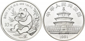 China - Volksrepublik: 10 Yuan 1991, China Panda 1 OZ Silber. KM# 386, feinster Stempelglanz.
 [differenzbesteuert]