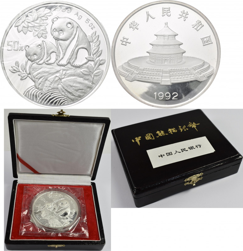 China - Volksrepublik: 50 Yuan 1992, Panda. KM# 398, Schön 409, 5 OZ (155,5g) 99...